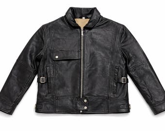 Vintage 1930s Swedish Leather Motorcycle Jacket – Rare Black Biker Jacket with Buckle Straps | Retro Moto Cafe Racer Aviator Style
