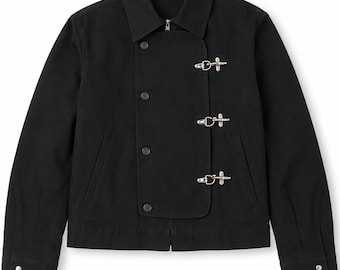 Vintage Black Cotton 2-in-1 Fireman Clasp Jacket, Detachable Front Panel, Utility Workwear Jacket, Japanese Style