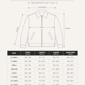 May include: Size chart for jackets, with measurements in inches and centimeters. Includes chest, length, sleeve, and shoulder dimensions for sizes 2X-Small to 3X-Large. The chart also includes a diagram of a jacket with labeled measurement points.