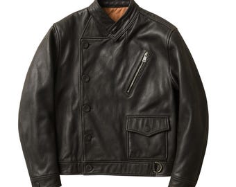 Vintage Tanker Fireman Clasp Leather Jacket | Men’s Black Motorcycle Biker Coat | Sheepskin Flight Jacket Handmade