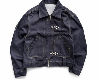 Vintage Japanese Denim Jacket, Dark Indigo Workwear Jean Jacket, Fireman Clasp Utility Jacket, Selvedge Style Moto Jacket