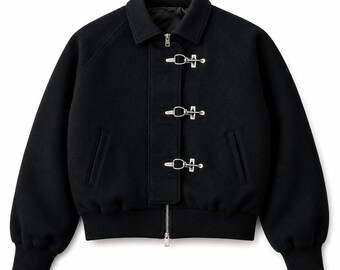 Vintage Fireman Clasp Wool Bomber Jacket, Black Aviator Coat, Men's Oversized Winter Jacket, Handmade Outerwear