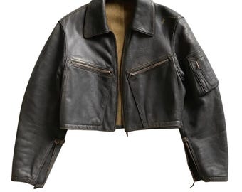 Chaqueta de aviador de cuero vintage de los años 60, estilo bomber aviador corto, piel de oveja auténtica, prenda exterior retro de piloto para hombre.