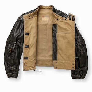 May include: A black and tan leather jacket with multiple pockets and buckle details. The jacket has a tan interior lining and a classic collar. The sleeves are black leather, and the body is tan. The jacket is open, showcasing the interior.