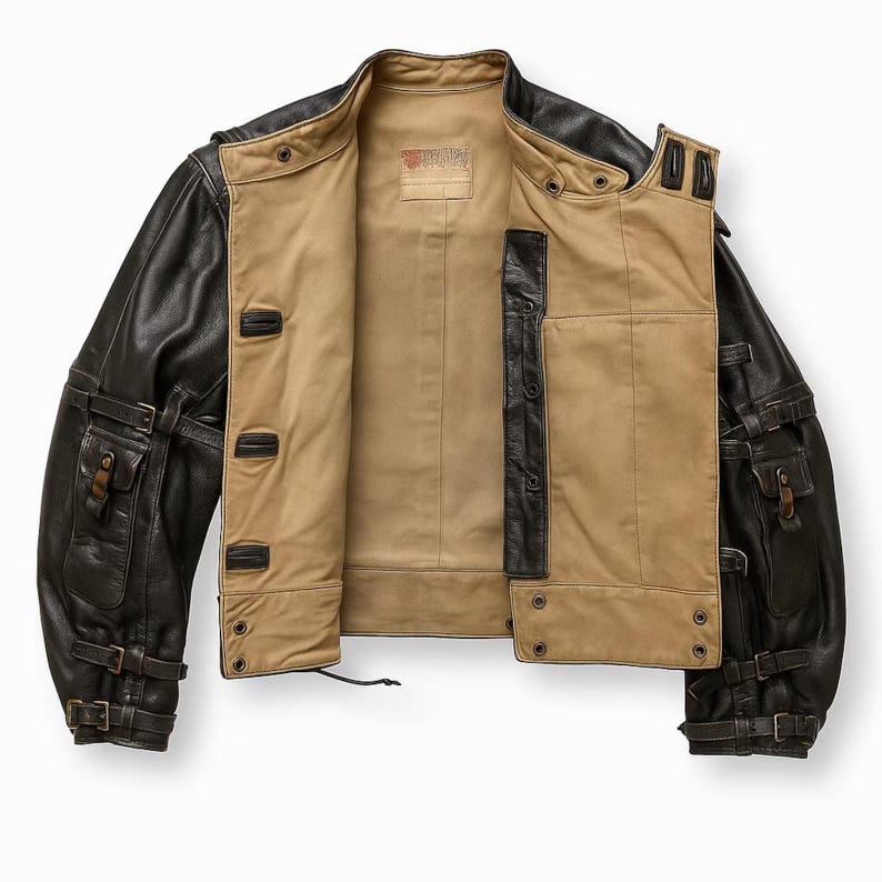 May include: A black and tan leather jacket with multiple pockets and buckle details. The jacket has a tan interior lining and a classic collar. The sleeves are black leather, and the body is tan. The jacket is open, showcasing the interior.