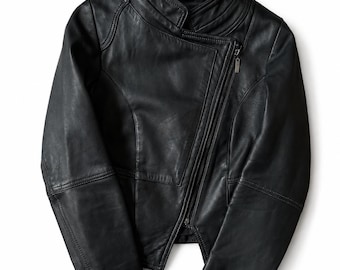Vintage 1990s Black Leather Biker Jacket, Asymmetrical Moto Motorcycle Rider Jacket, High Collar Leather Jacket