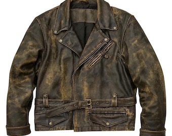 Vintage Classic Cowhide Leather Jacket Distressed Real Leather Men's Top Coat