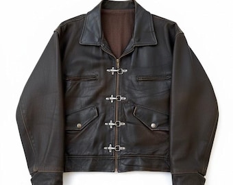 Vintage 1980s  Fireman Clasp Jacket Black Sheep Leather , Unisex Jacket, coat Top . Heavy Duty WorkWear