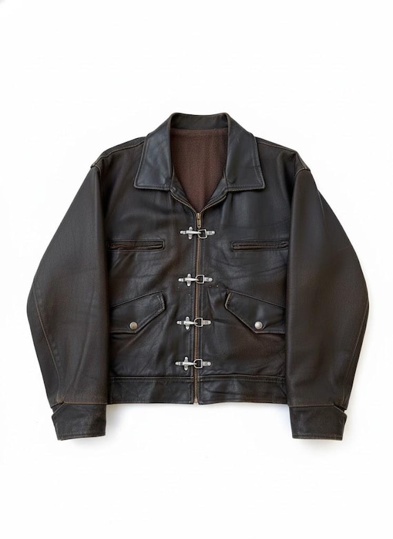 ジャケット・アウター PERIOD FEATURES Hand Clipping Jacket Vintage 1980s Fireman Clasp Jacket Dark Brown Sheep Leather