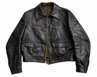 Vintage 1930s 1940s French Cyclist Cropped Black Sheepskin Leather Jacket, Motorcycle Biker Jacket, Cafe Racer Leather Jacket