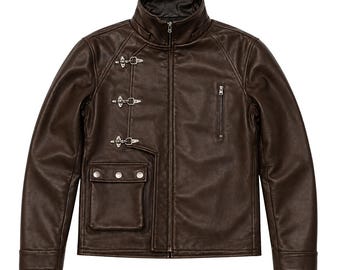 Chaqueta de cuero marrón estilo años 40, de piel de vaca, para hombre, estilo motero, con hebillas y herrajes metálicos – Prenda de abrigo retro estilo motociclista.