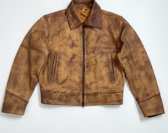 Vintage 1950s Cropped Distressed Leather Jacket for Men ,  Real Leather Zip Up Bomber – Retro Mid-Century Outerwear
