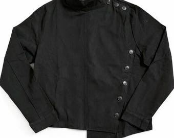 Vintage Black Cotton Fencing Jacket Men’s  Asymmetrical Side Button Martial Arts Military Avant-Garde Workwear Coat