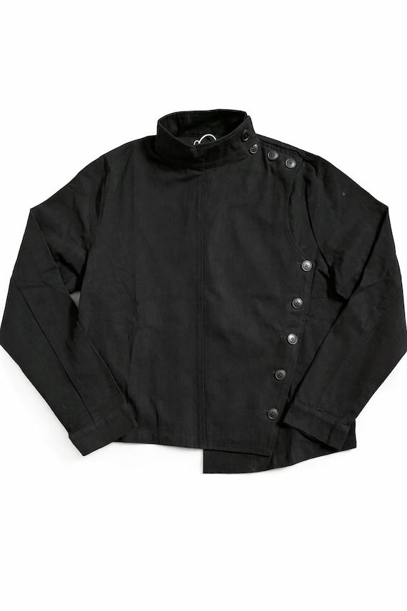 Vintage Black Cotton Fencing Jacket Men’s  Asymmetrical Side Button Martial Arts Military Avant-Garde Workwear Coat