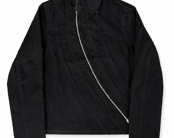 Vintage Black Fencing Jacket, Asymmetrical Zip High Neck, Avant-Garde Moto Style
