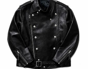 Vintage 90s Black Double-Breasted Cowhide Leather Biker Jacket, Handmade Black Motorcycle Jacket with Silver Hardware