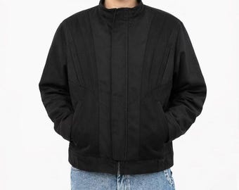 Vintage 1980s Bomber black Cotton Jacket Men Style Jacket, Stand Collar Modern Streetwear Coat, Structured Designer Outerwear, Lightweight