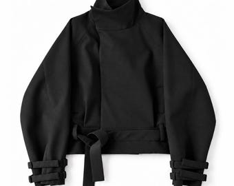 Vintage 2000s Black High Neck Belted Jacket, Avant Garde Moto Jacket, Asymmetric Funnel Neck Utility Jacket, Y2K Biker Coat
