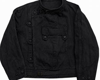 Vintage 1960s Swedish Style Black Cotton Jacket, Military Workwear Coat, High Collar Utility Jacket, Button Closure Chore Outerwear