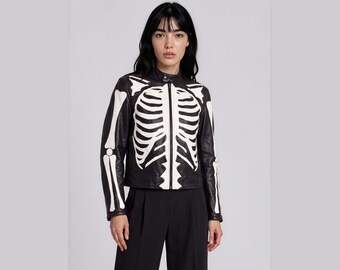 Vintage 90s Skeleton Leather Biker Jacket, Halloween Bone Ribcage Motorcycle Jacket, Black White Gothic Punk Moto Jacket