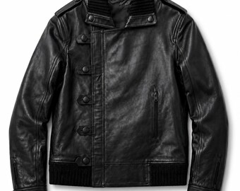 Vintage 1980s Black Leather Moto Bomber Jacket, Men’s Motorcycle Biker Coat, Ribbed Collar, Military Style Leather Jacket