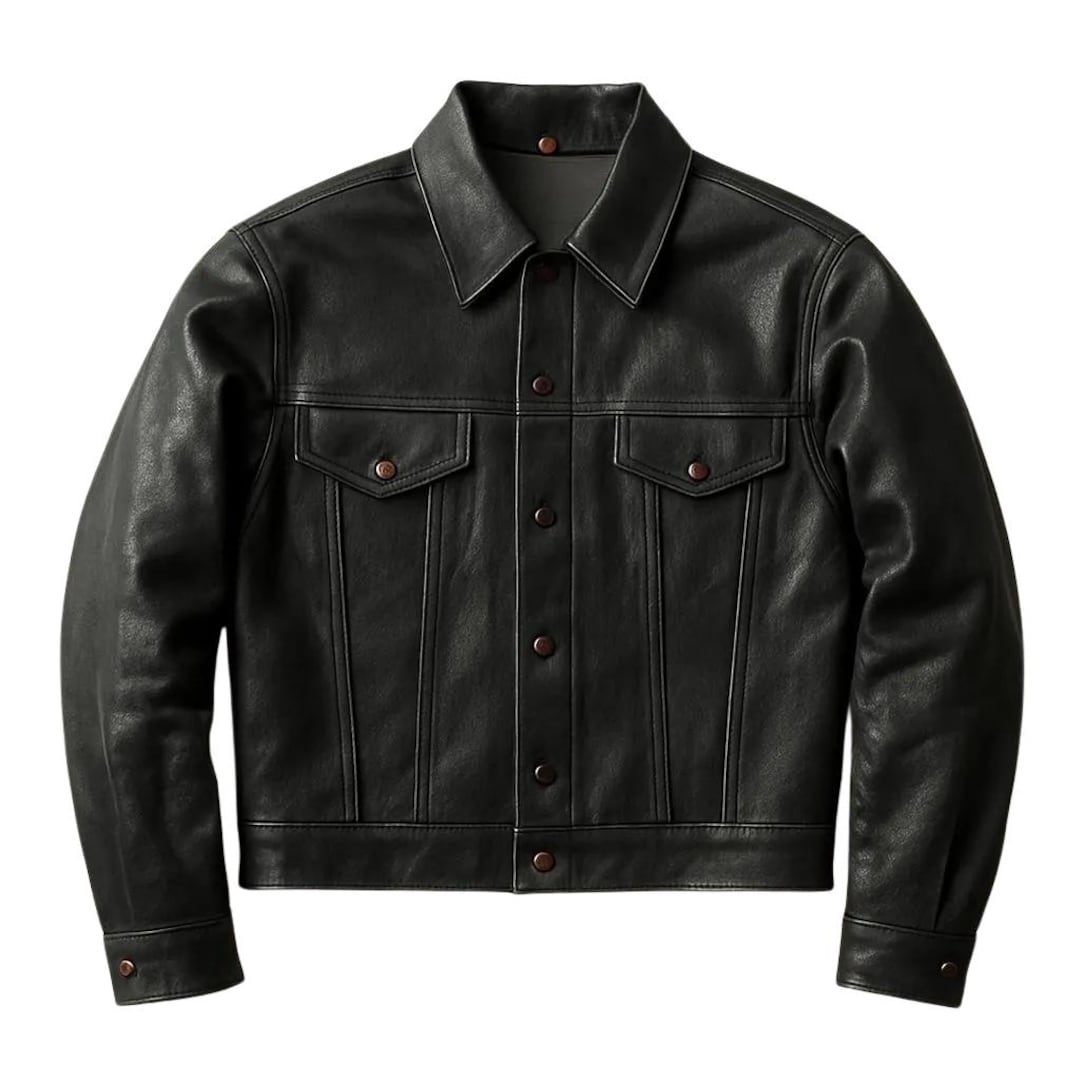 1960s Vintage Black Trucker Cropped Leather Jacket Mens Button up