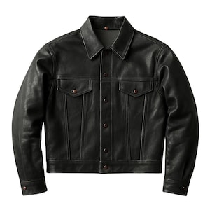 May include: A black leather jacket with a classic design. The jacket features a collared neckline, two chest pockets, and button closures. The jacket has a slightly worn appearance.