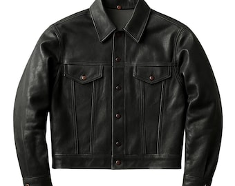 1960s Vintage Black Trucker Cropped Leather Jacket Mens Button Up Coat Top