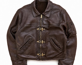 Vintage 1990s Fireman Clasp Brown Leather Jacket, Men’s Moto Bomber Jacket,  Biker Leather, Utility Motorcycle Jacket