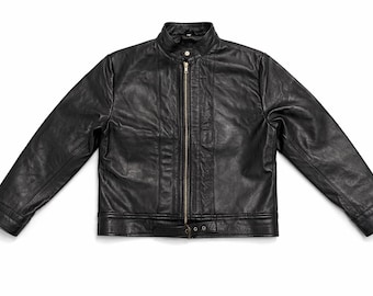 Vintage 1950's  European Black Motorcycle Men's Jacket Cropped WWII Biker Style  Real Distressed Sheepskin Leather Outerwear