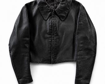 Vintage 1970s German Army U-Boat Submarine Black Leather Jacket, Cropped Military Moto Jacket, Mens Vintage Biker Leatherwear