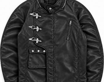 Vintage Black Leather Clasp Jacket, Buckle Closure Biker Jacket, Moto Racer Jacket, Gothic Y2K Motorcycle Coat