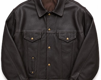 Vintage Brown Leather Trucker Jacket, 1990s Retro Moto Jacket, Men’s Classic Leather Workwear Coat, Western Biker Outerwear