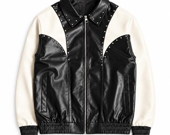 Vintage 1990s Black & White Leather Bomber Jacket, Studded Western Jacket, Two Tone Biker Jacket, Retro Rockabilly Moto Coat