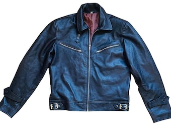 1960s Vintage French Leather Pullover Jacket for Men Cyclist Style Half Zip Moto Coat Real Leather