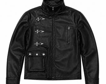Vintage 1940s Black Leather Jacket Cowhide Men’s Biker Coat with Buckles & Metal Hardware – Retro Motorcycle Style Outerwear