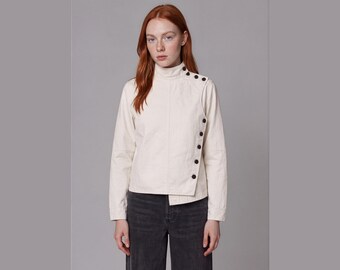 Vintage White Cotton Fencing Jacket Men’s  Asymmetrical Side Button Martial Arts Military Avant-Garde Workwear Coat