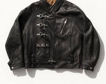 Vintage Black Leather Jacket Men’s Biker Coat with Buckles & Metal Hardware – Retro Motorcycle Style Outerwear