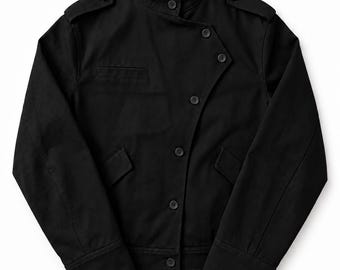 Vintage Asymmetric Black Military Jacket, Button High Collar Jacket, Officer Moto Utility Jacket, Avant Garde Biker Coat
