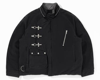 Vintage 1990s Reversible Black Fireman Cotton Clasp Jacket, Heavy Duty Workwear, Utility Buckle Closure Coat