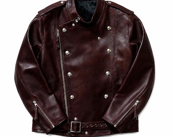 Vintage 90s Oxblood Double-Breasted Cowhide Leather Biker Jacket , Handmade Burgundy Motorcycle Jacket with Silver Hardware