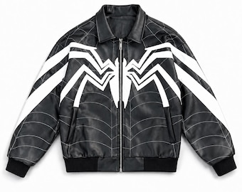 Spider-Man Black Web Leather Bomber Jacket, White Spider Graphic Moto Jacket, Gothic Aviator Coat, Unisex Streetwear Jacket