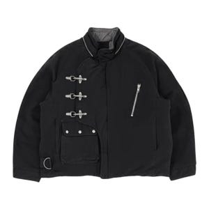 May include: Black jacket with a high collar and silver hardware. The jacket features three silver clasps, a diagonal zip, and a small pocket with two buttons. A D-ring is visible at the bottom.