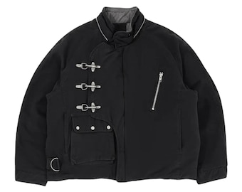 Chaqueta reversible de algodón negro estilo bombero de los años 90, con cierre de hebilla, ropa de trabajo resistente.