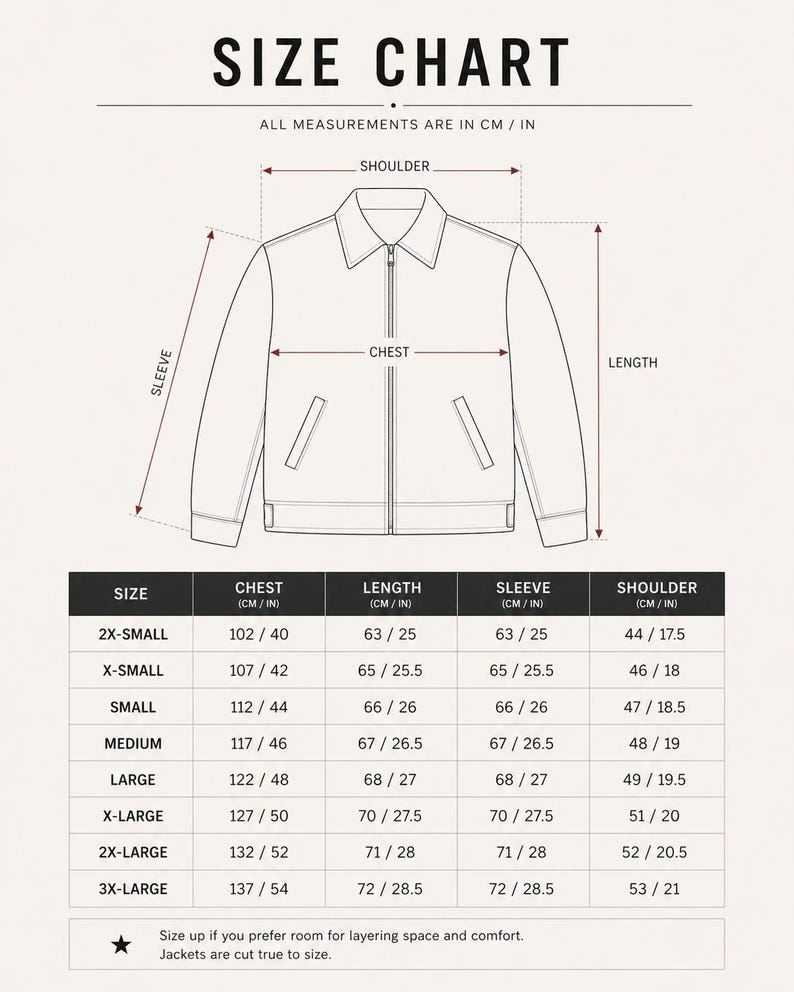 May include: Size chart for jackets, with measurements in inches and centimeters. The chart includes chest, length, sleeve, and shoulder measurements for sizes 2X-Small to 3X-Large. The text advises sizing up for layering.