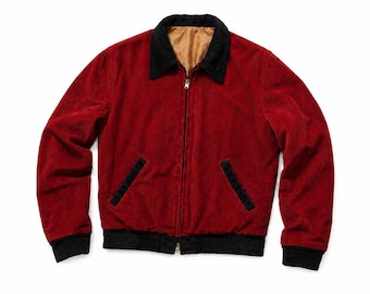 Chaqueta bomber de pana roja estilo años 50, chaqueta retro de trabajo, chaqueta con cremallera y cuello negro, prenda de abrigo de corte clásico.