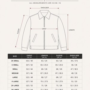 May include: Size chart for jackets, with measurements in inches and centimeters. The chart includes chest, length, sleeve, and shoulder measurements for sizes 2X-Small to 3X-Large. The text advises sizing up for layering.
