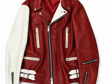 Vintage Red & White Leather Biker Jacket, 90s Moto Motorcycle Jacket, Two Tone Racer Jacket, Punk Leather Jacket
