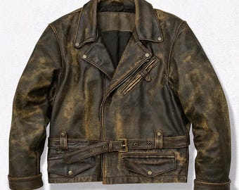 Vintage Classic Cowhide Leather Jacket Distressed Real Leather Men's Top Coat