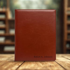 May include: A brown leather portfolio with the name "Robert K. Johnson" embossed on the lower right corner. The portfolio is rectangular and appears to be closed. The background is blurred, suggesting a professional setting.